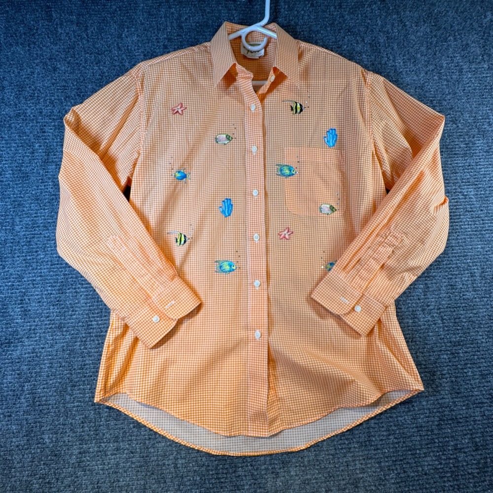 Vintage Tia Designs Orange Gingham Fish Embroidered Button Down Shirt Medium USA